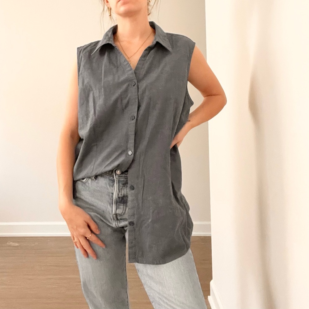 Basic Editions Blue Sleeveless Button-Down Cotton… - image 2